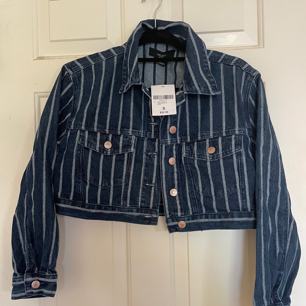 Striped Cropped Dark Denim Jacket